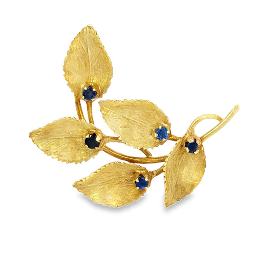 18K Yellow Gold & Sapphire Leaf Branch Brooch