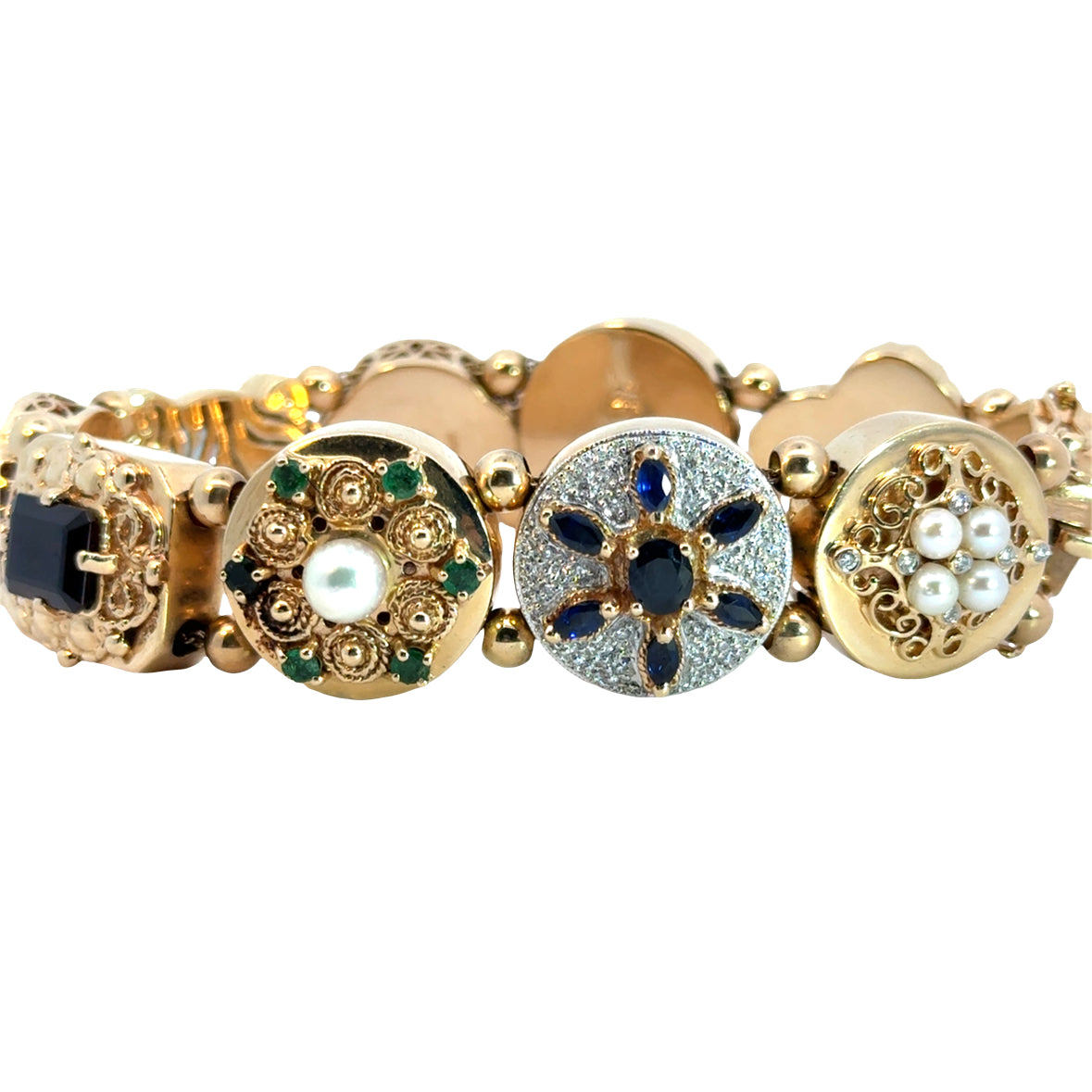 14K Yellow Gold Multi-Gemstone Charm Bracelet – Diamond, Pearl & Precious Gem Accents