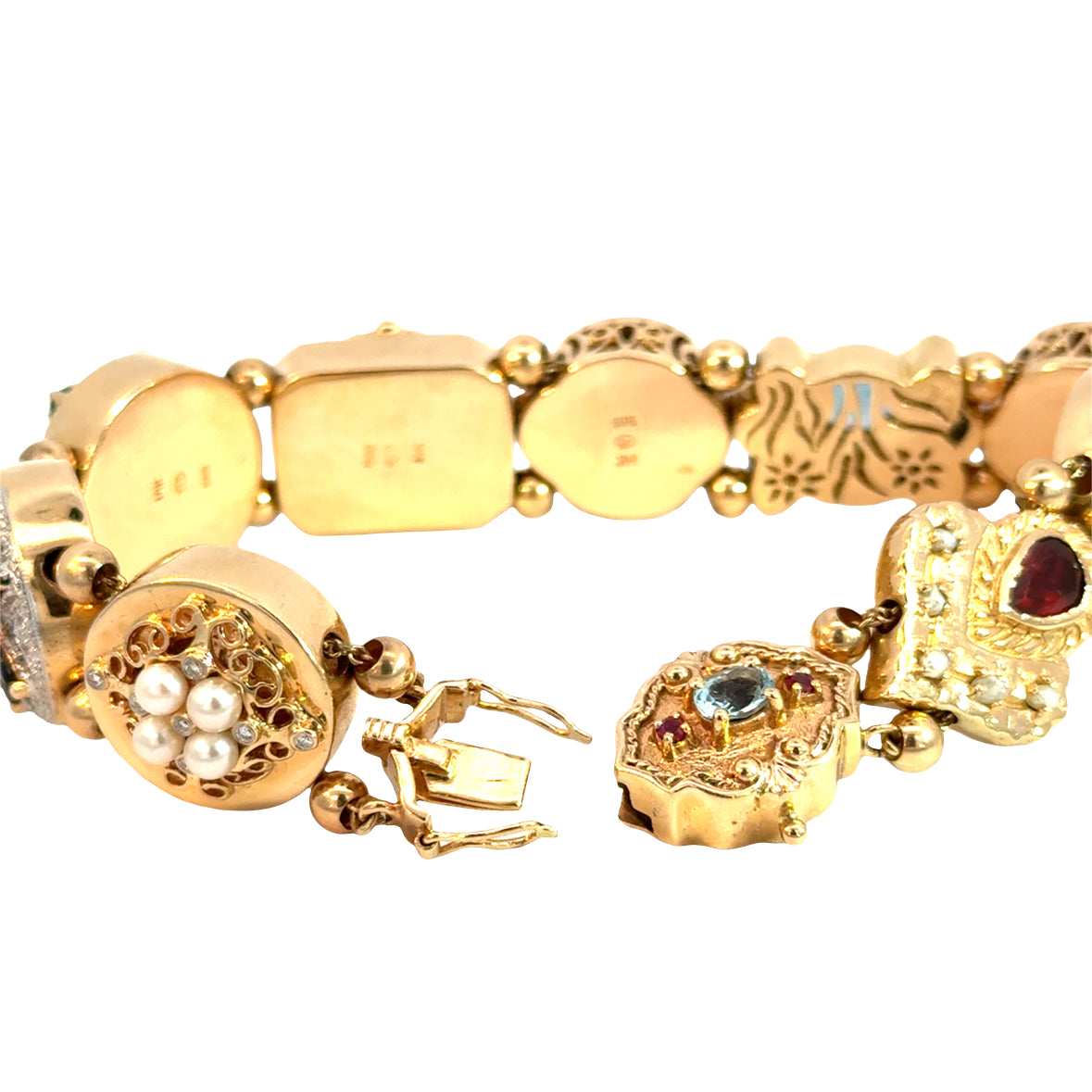 14K Yellow Gold Multi-Gemstone Charm Bracelet – Diamond, Pearl & Precious Gem Accents
