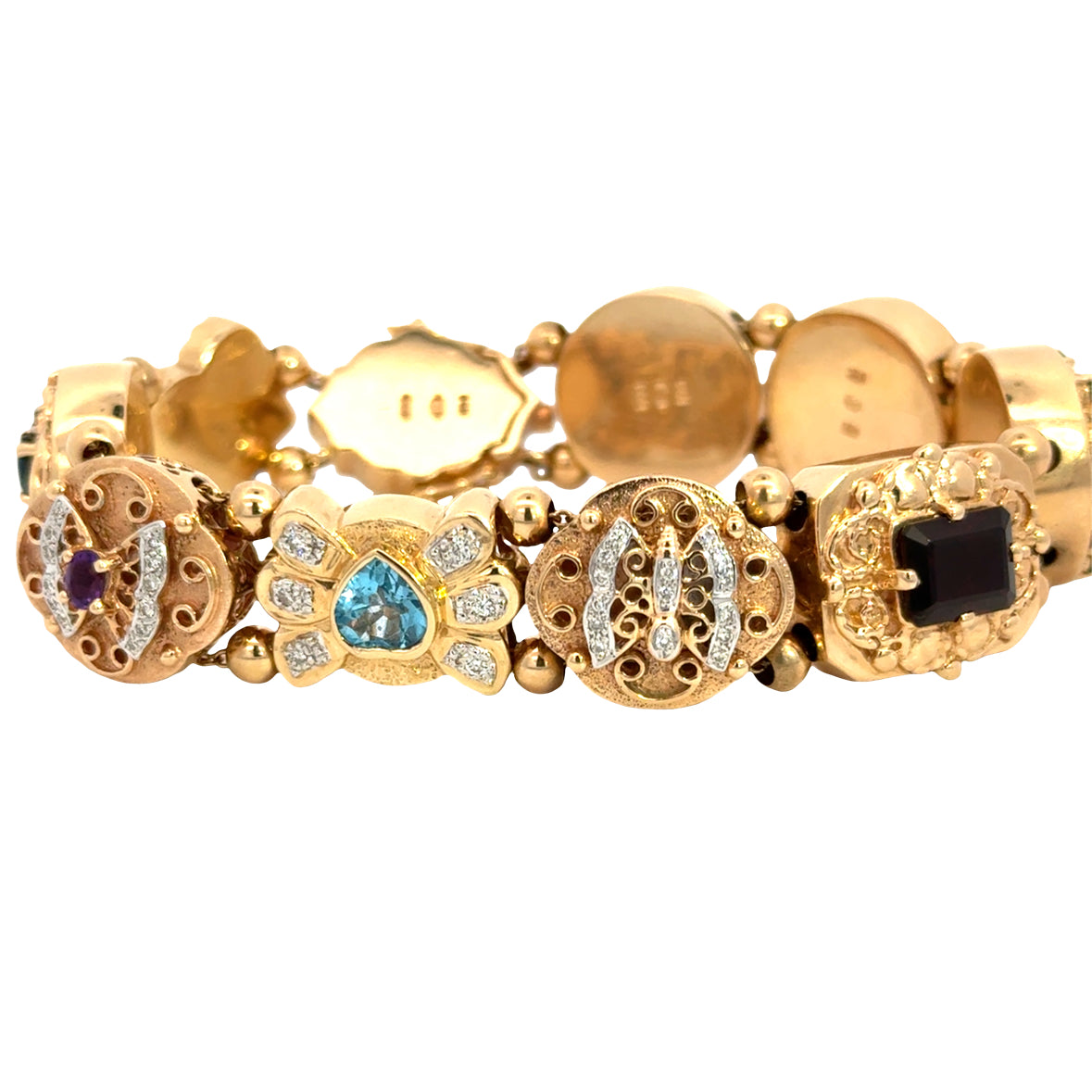 14K Yellow Gold Multi-Gemstone Charm Bracelet – Diamond, Pearl & Precious Gem Accents