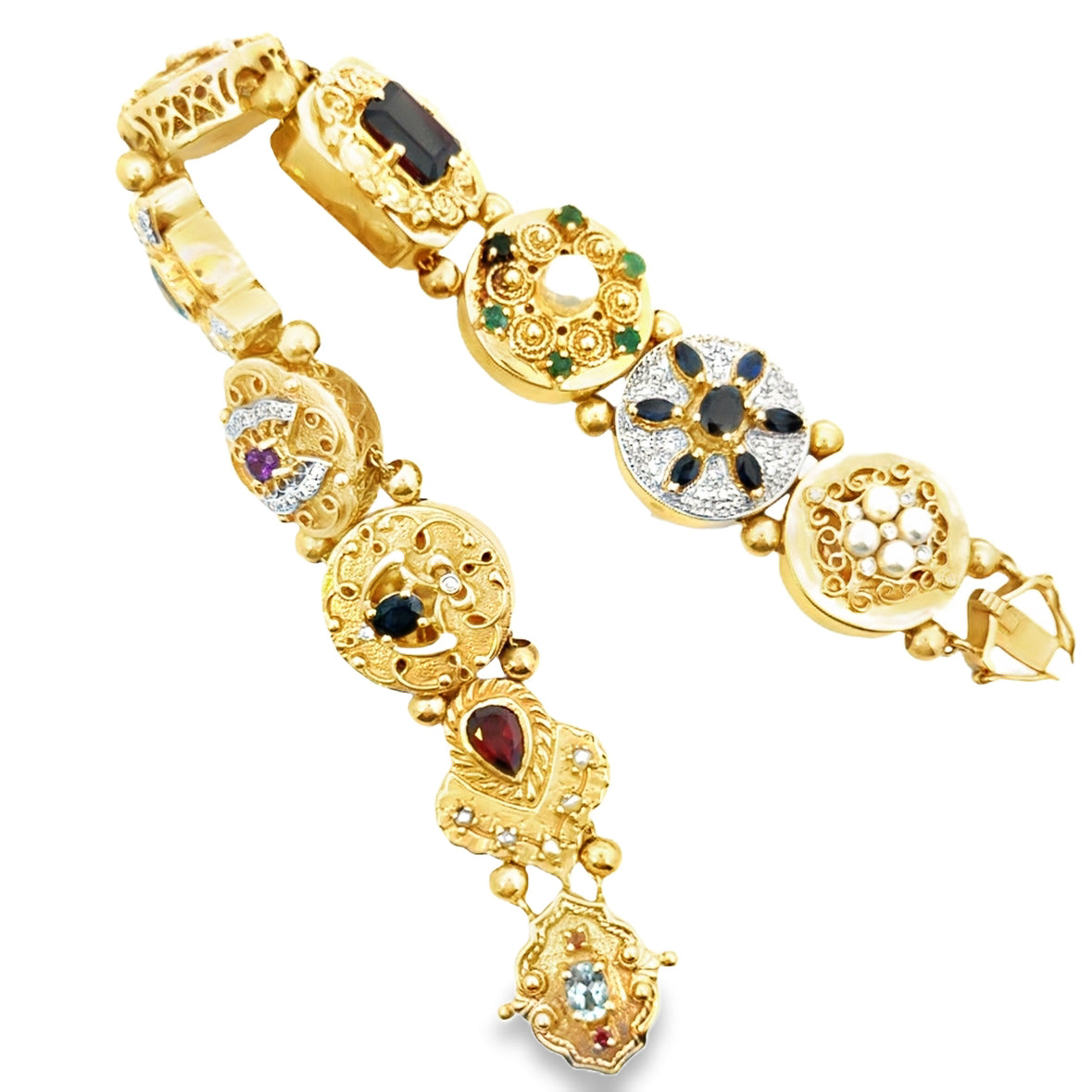 14K Yellow Gold Multi-Gemstone Charm Bracelet – Diamond, Pearl & Precious Gem Accents