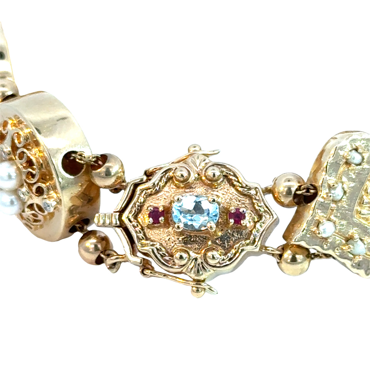 14K Yellow Gold Multi-Gemstone Charm Bracelet – Diamond, Pearl & Precious Gem Accents