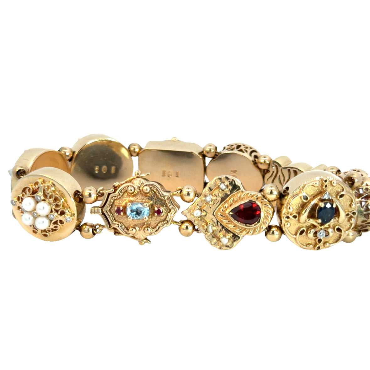 14K Yellow Gold Multi-Gemstone Charm Bracelet – Diamond, Pearl & Precious Gem Accents