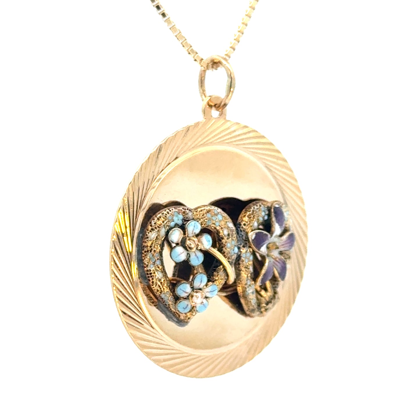 Vintage 14K Gold Enamel Clematis & Forget-Me-Not Double Heart Pendant