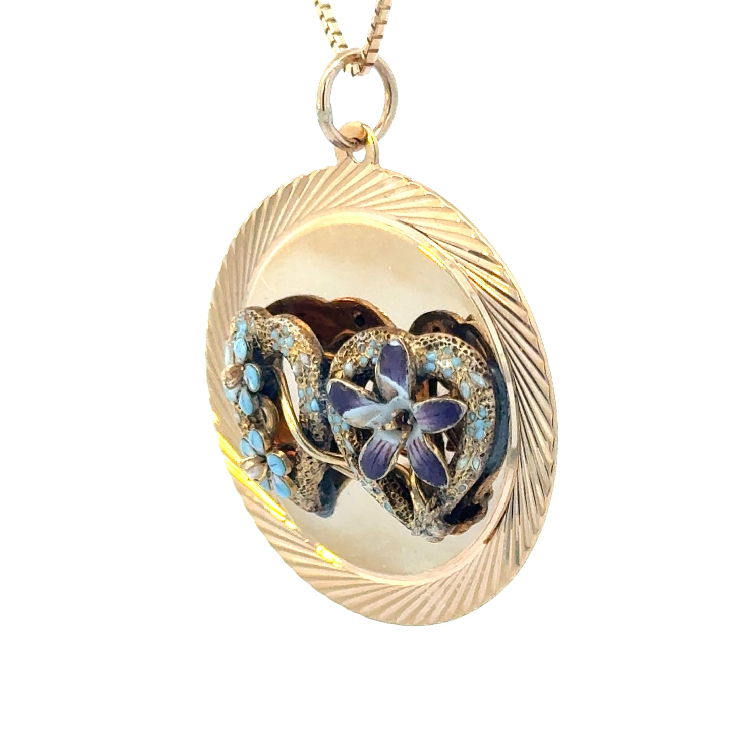 Vintage 14K Gold Enamel Clematis & Forget-Me-Not Double Heart Pendant