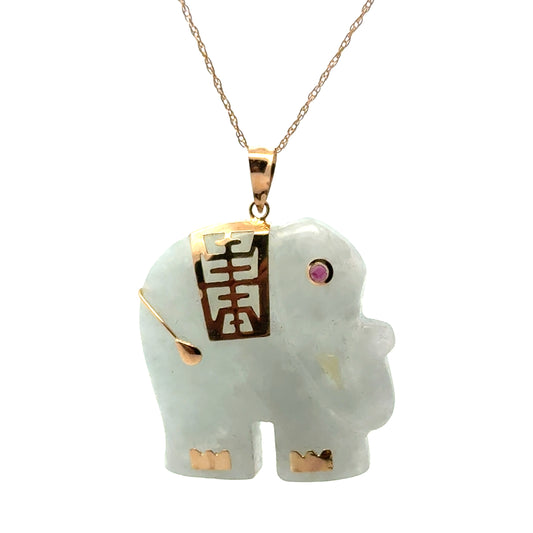 Yellow Gold Light Green/Gray Jade Elephant Pendant