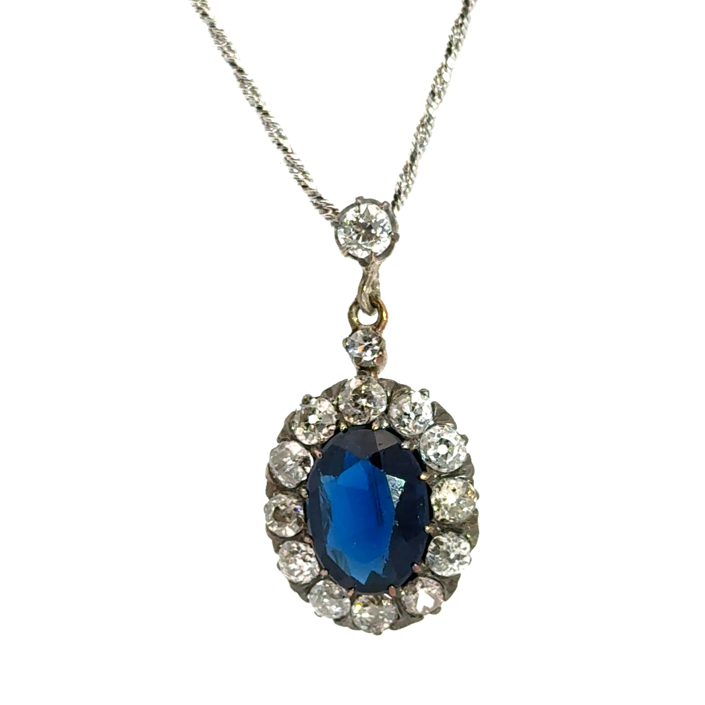 18K White Gold Antique 1920’s Sapphire & Diamond Pendant Necklace