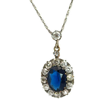18K White Gold Antique 1920’s Sapphire & Diamond Pendant Necklace