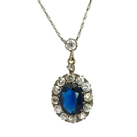 18K White Gold Antique 1920’s Sapphire & Diamond Pendant Necklace