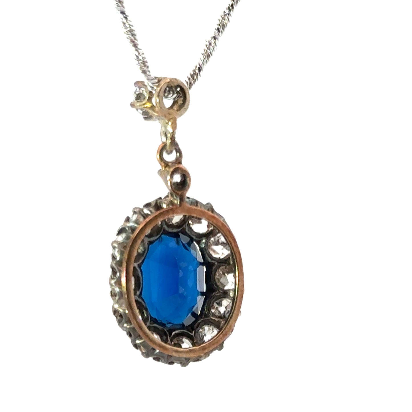 18K White Gold Antique 1920’s Sapphire & Diamond Pendant Necklace