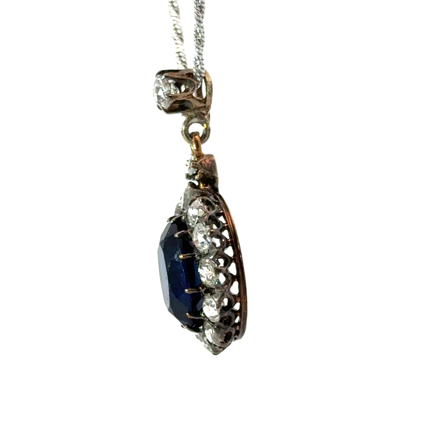 18K White Gold Antique 1920’s Sapphire & Diamond Pendant Necklace
