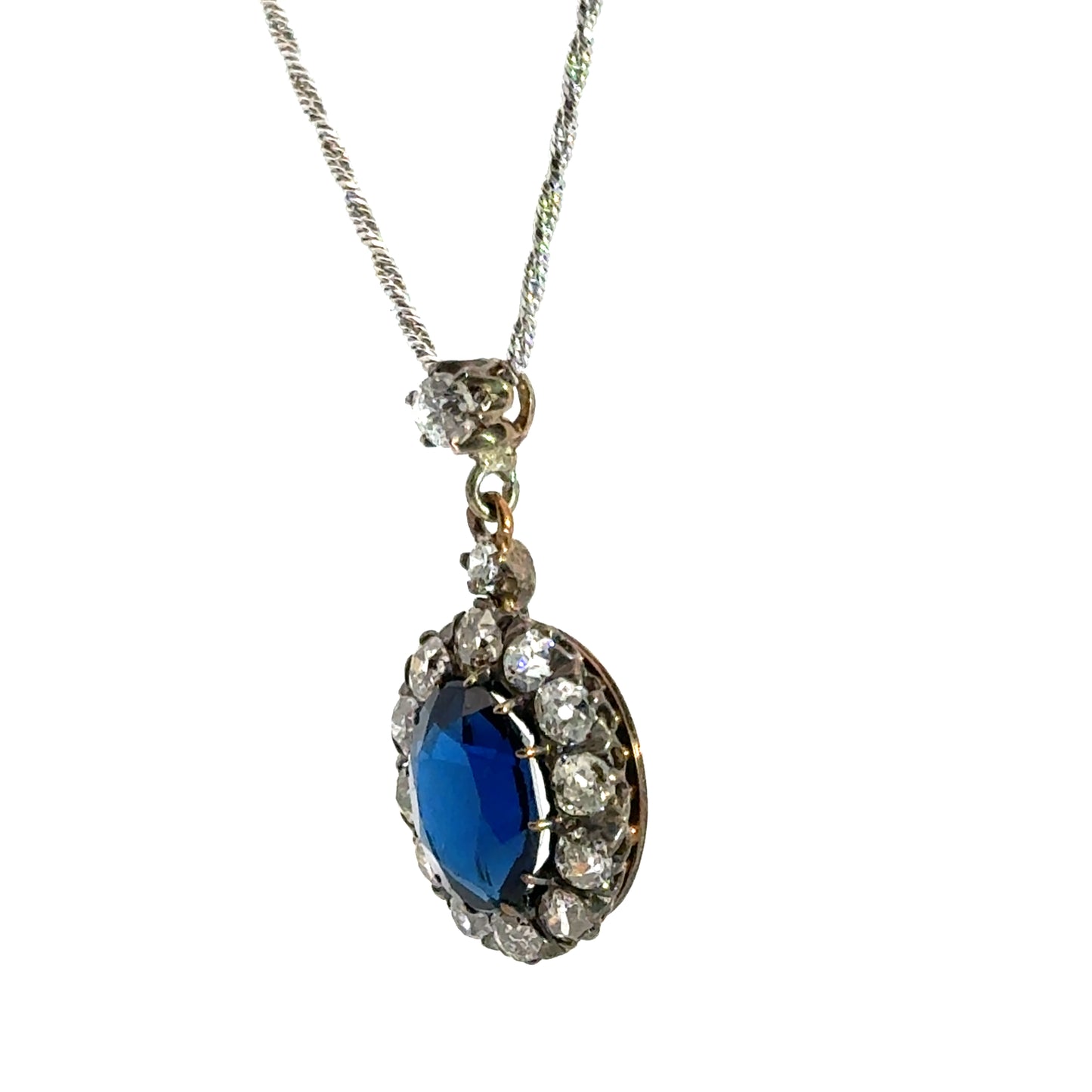 18K White Gold Antique 1920’s Sapphire & Diamond Pendant Necklace