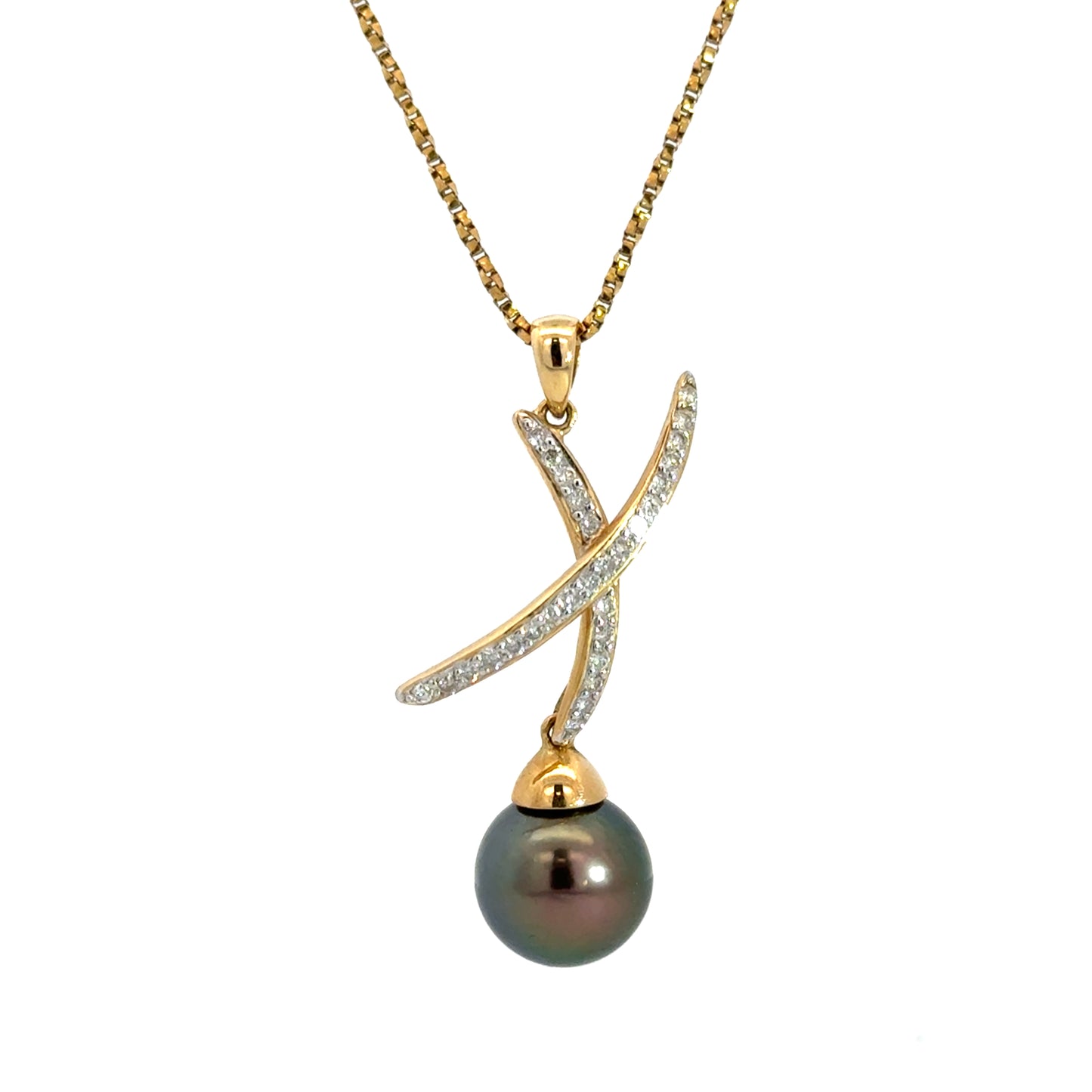 14K Yellow Gold Black Pearl & Diamond Pendant