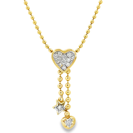 14K Yellow Gold Diamond Hearts & Stars Drop Necklace