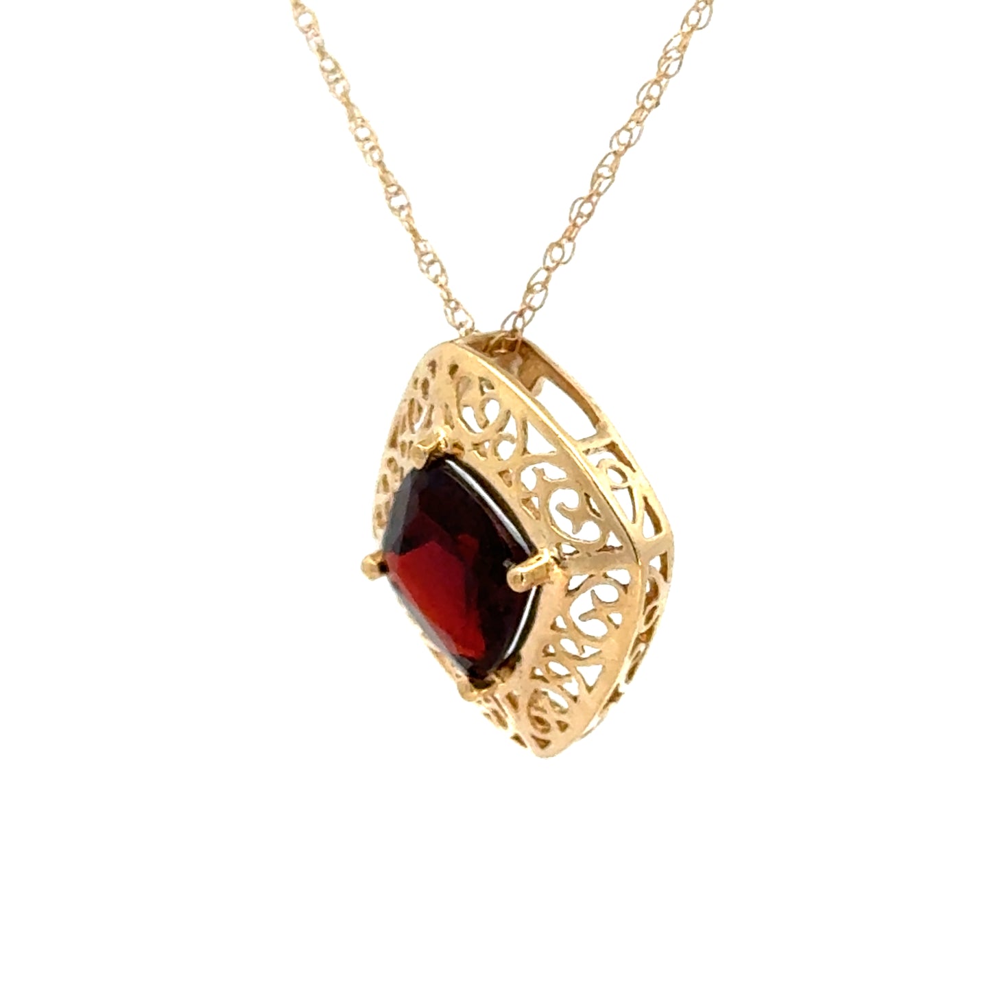 14K Yellow Gold Garnet Cushion Cut Pendant with Gold Filigree Frame