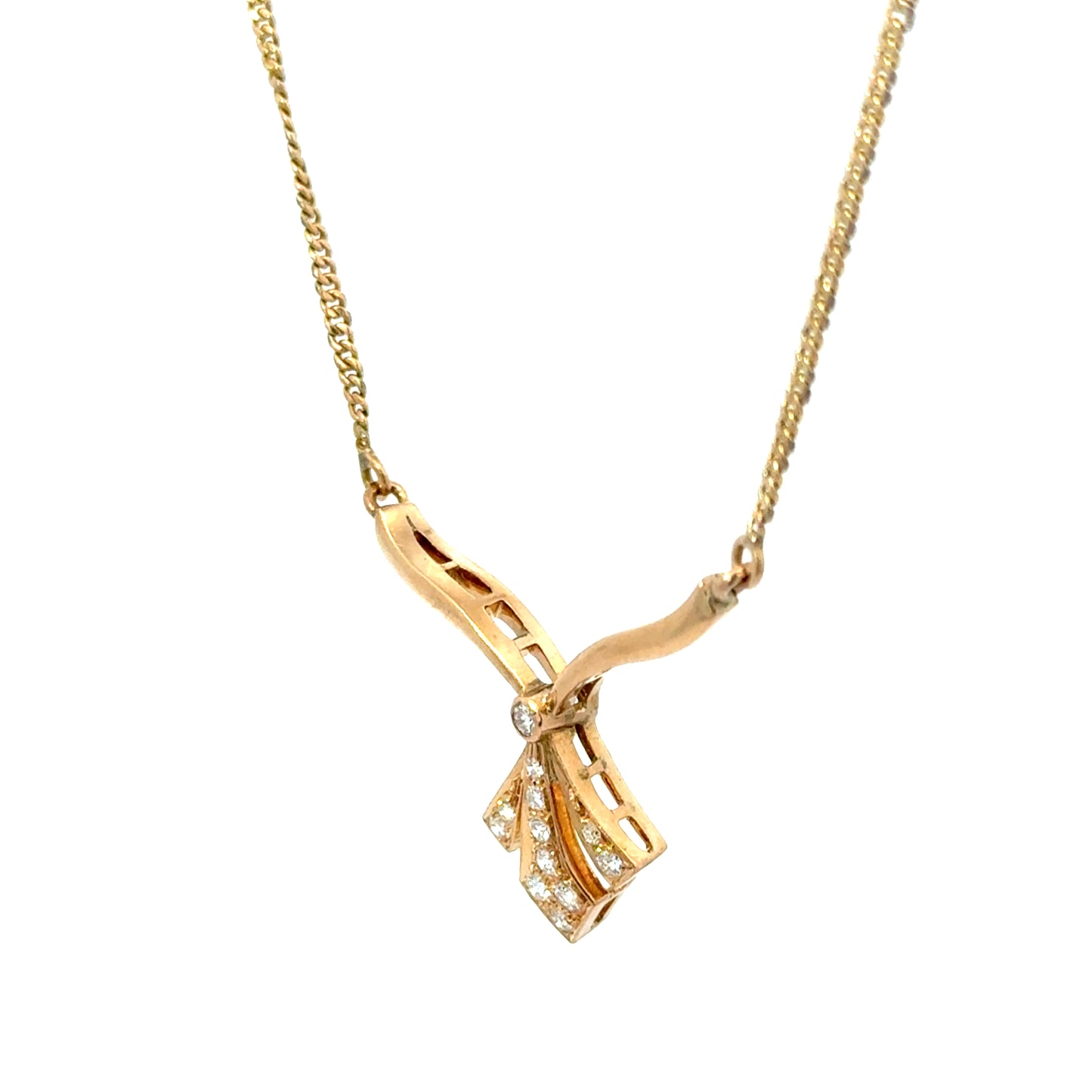 14K Yellow Gold Diamond Necklace with Fan Style Diamond Drop