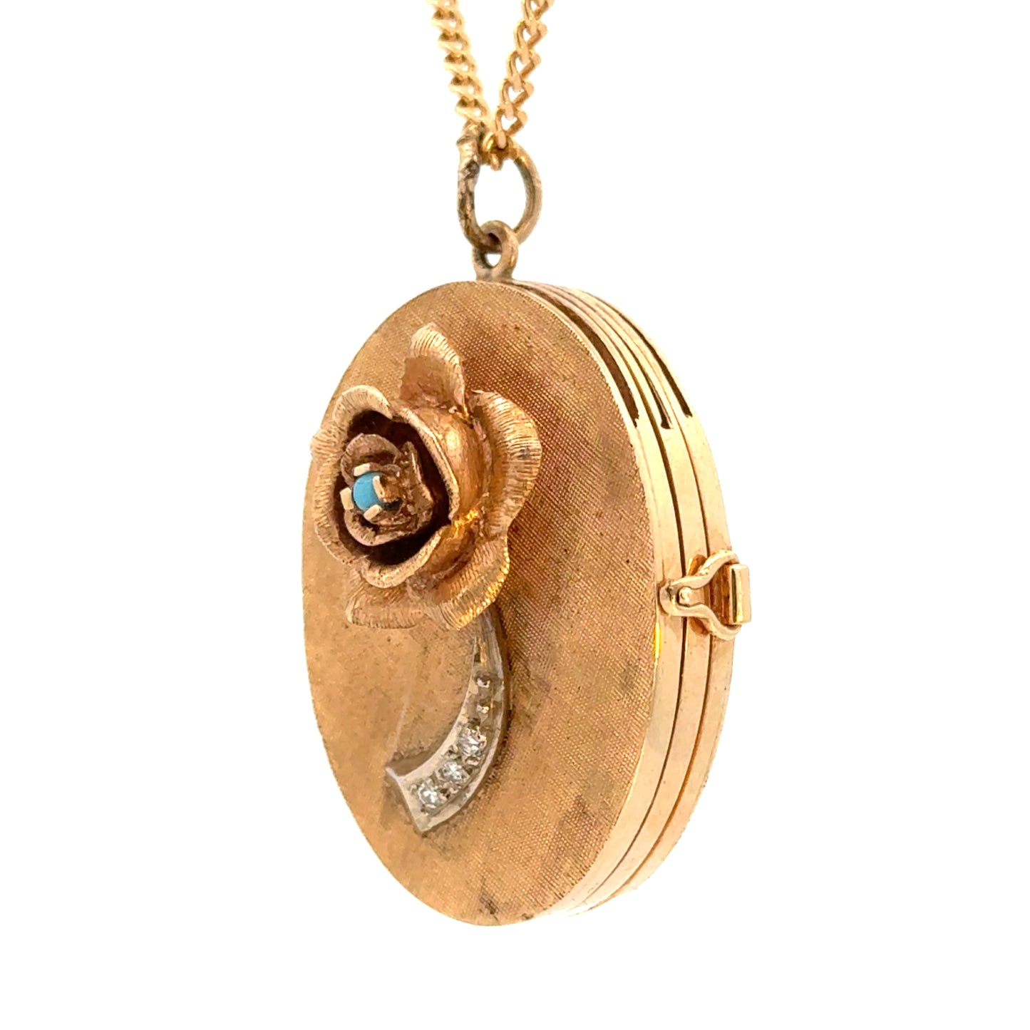 14K Yellow Gold Rose Locket Pendant with Turquoise & Diamond Accent