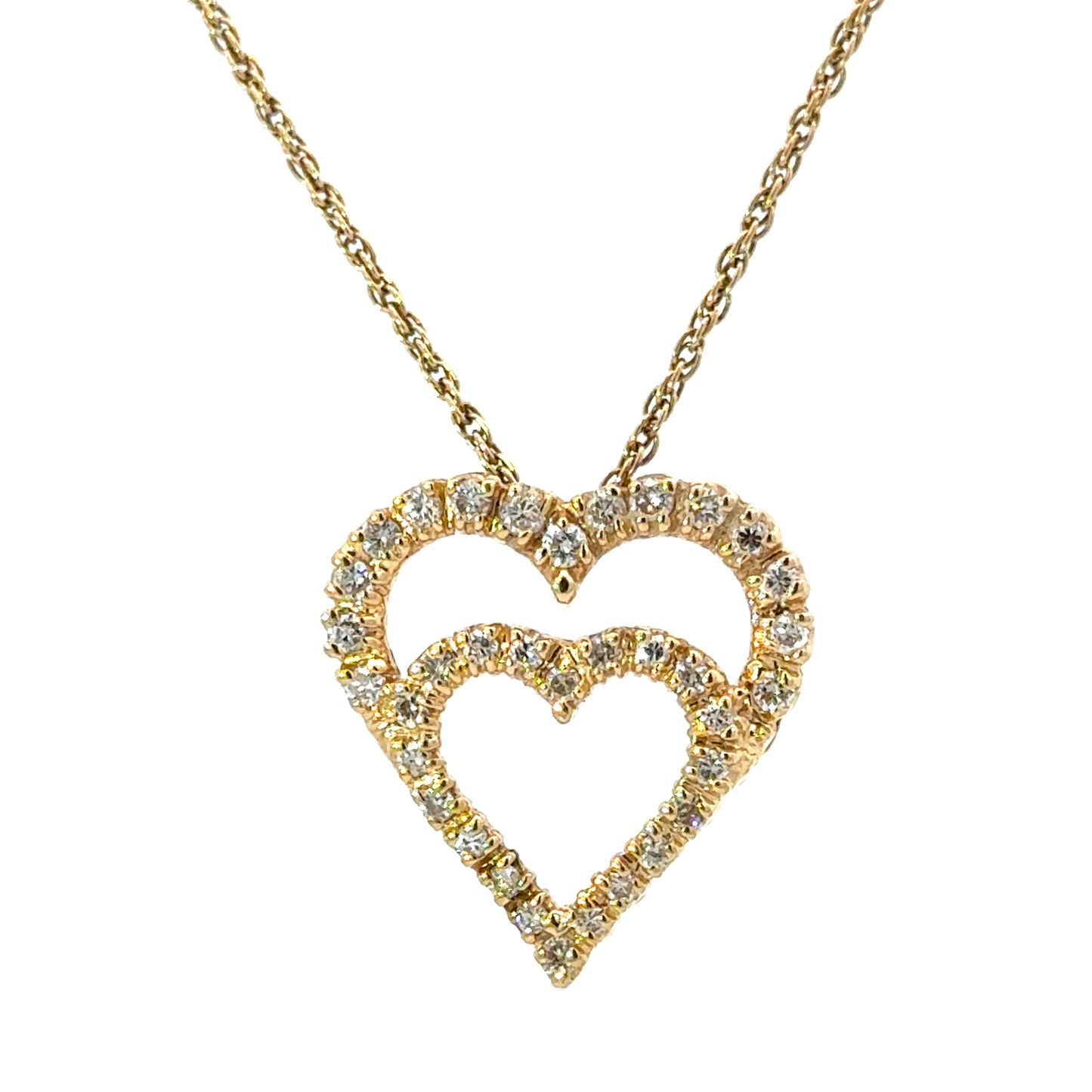 14K Yellow Gold Diamond Double Heart Pendant Necklace