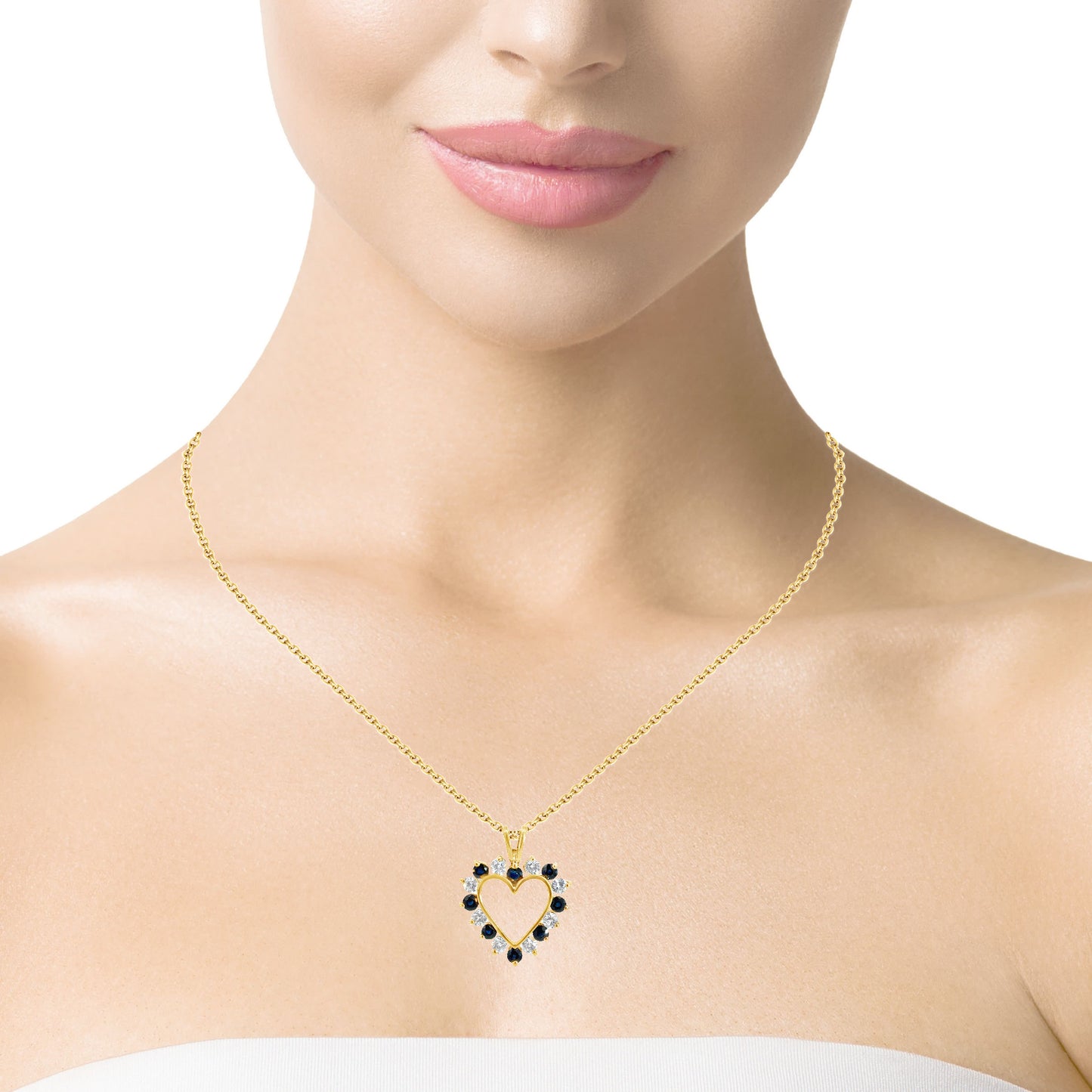 Yellow Gold Diamond & Sapphire Heart Pendant Necklace