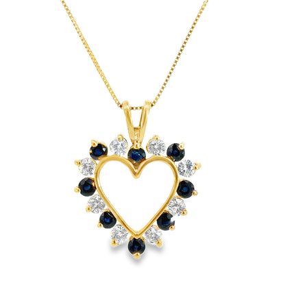 Yellow Gold Diamond & Sapphire Heart Pendant Necklace