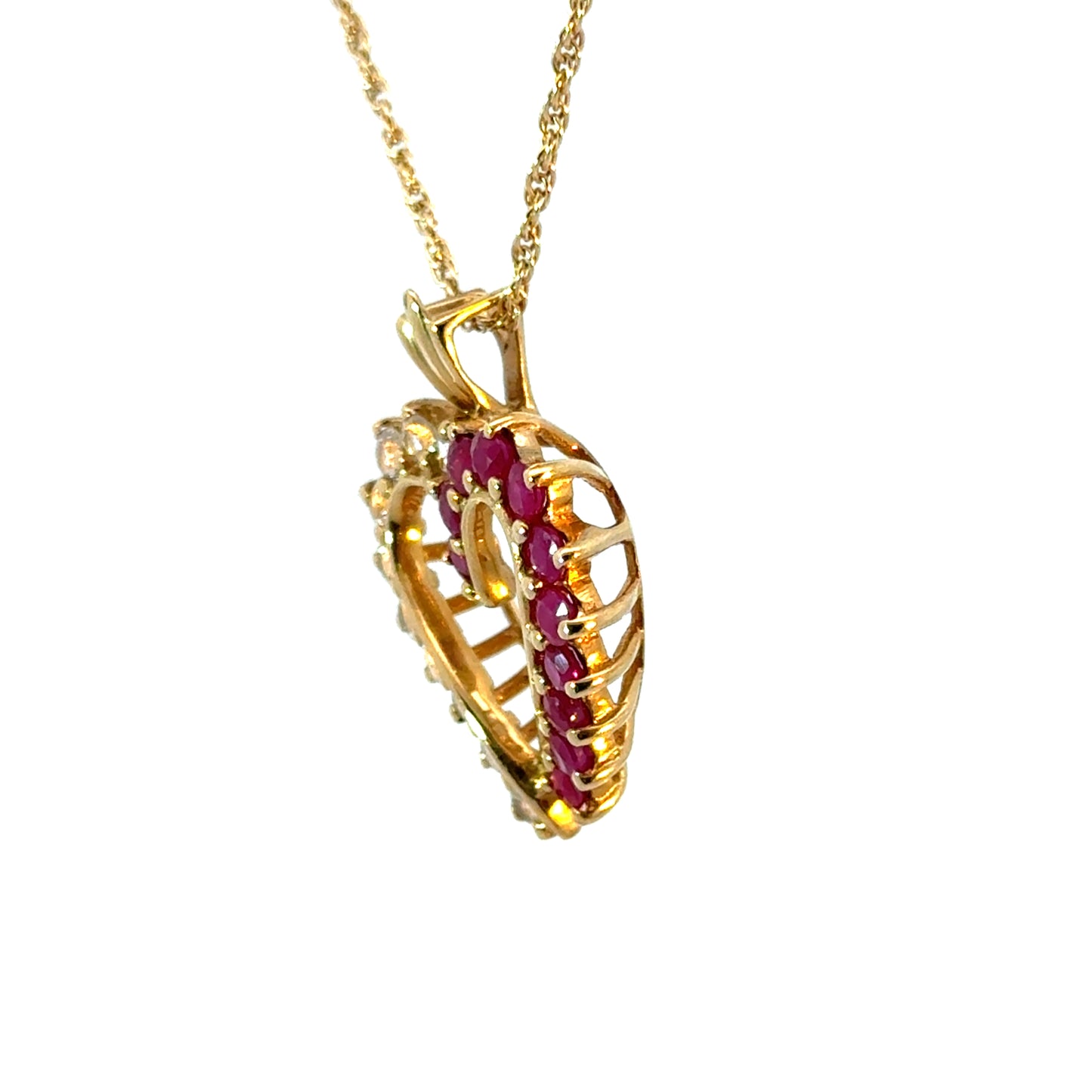 Yellow Gold Heart Pendant with Rubies & Diamonds on Gold Chain