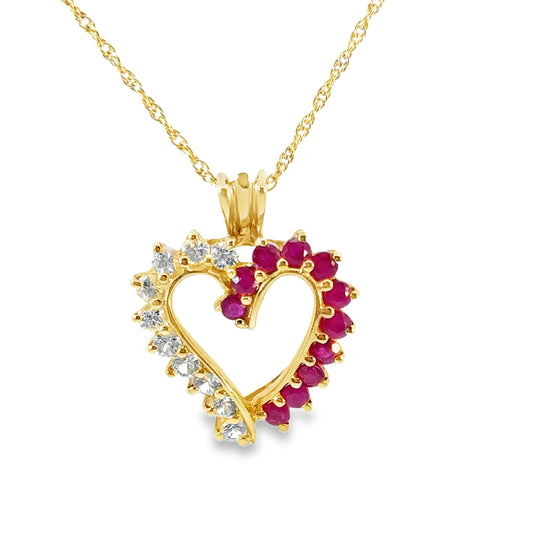 Yellow Gold Heart Pendant with Rubies & Diamonds on Gold Chain