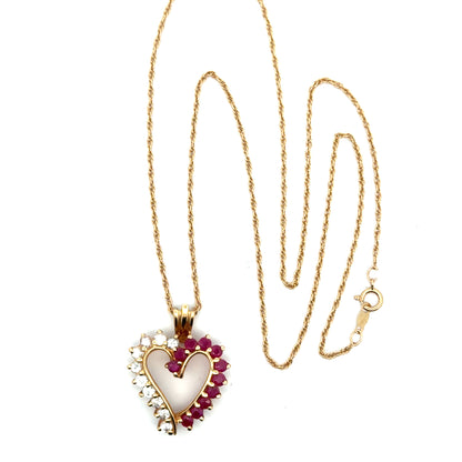 Yellow Gold Heart Pendant with Rubies & Diamonds on Gold Chain