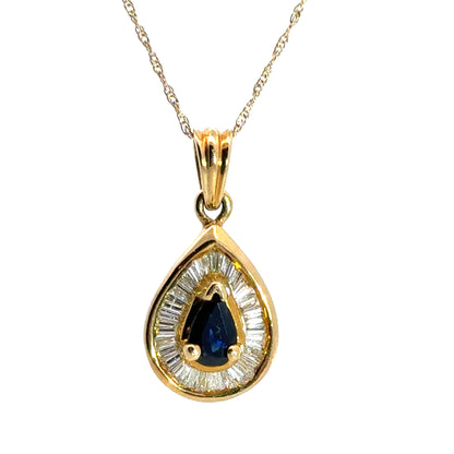 14K Yellow Gold Sapphire & Diamond Baguette Pendant Necklace