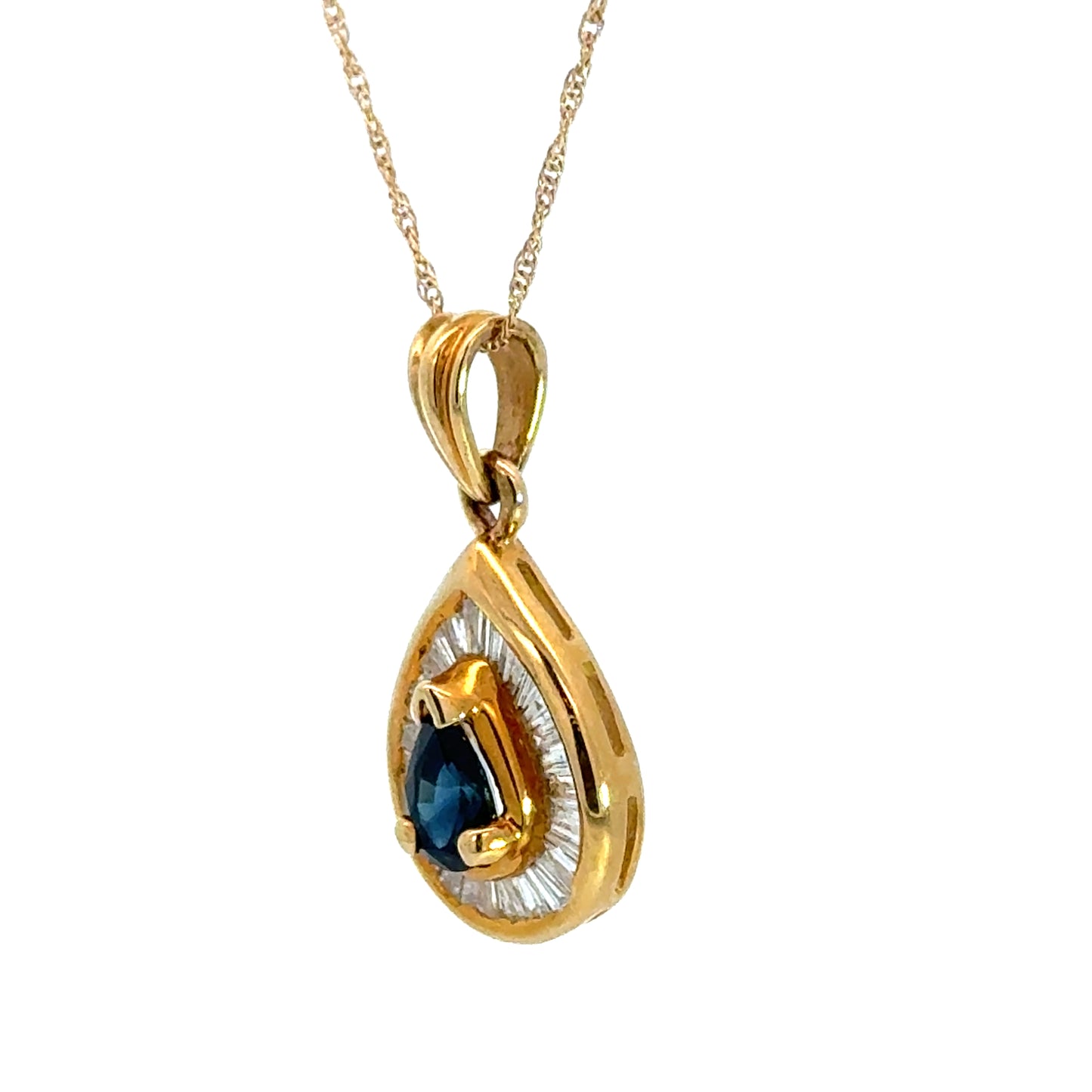 14K Yellow Gold Sapphire & Diamond Baguette Pendant Necklace