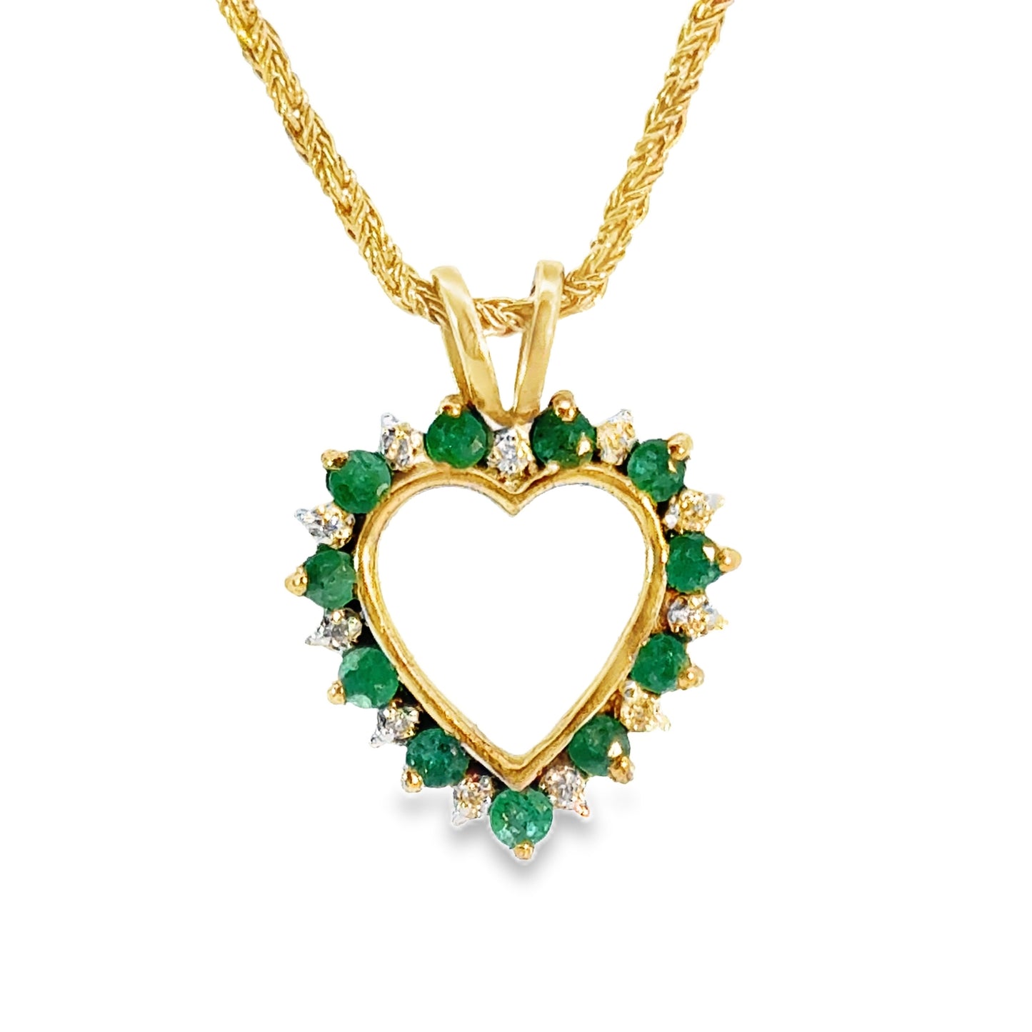 Yellow Gold Treasured Heart Emerald & Diamond Pendant with Gold Rope Chain