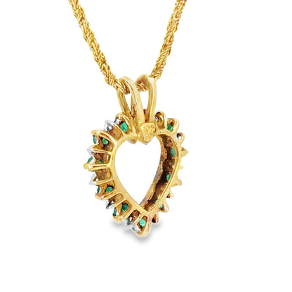 Yellow Gold Treasured Heart Emerald & Diamond Pendant with Gold Rope Chain
