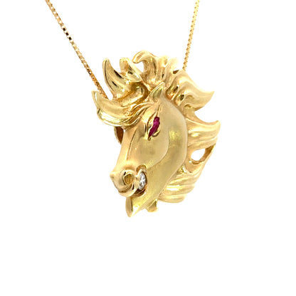 Vintage 14K Yellow Gold Horse Head Pendant with Ruby Eye & Diamond Accent - Equestrian Design