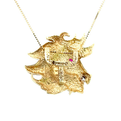 Vintage 14K Yellow Gold Horse Head Pendant with Ruby Eye & Diamond Accent - Equestrian Design