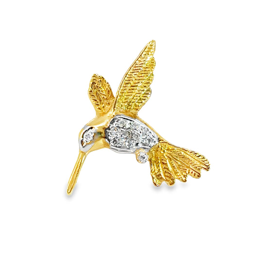 14K Yellow Gold Hummingbird Brooch with Diamonds