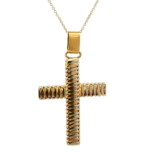 18K Yellow Gold Ribbed Coil Design Cross Pendant