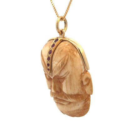 Carved Ivory Warrior Mask Pendant in 14K Gold with Rubies