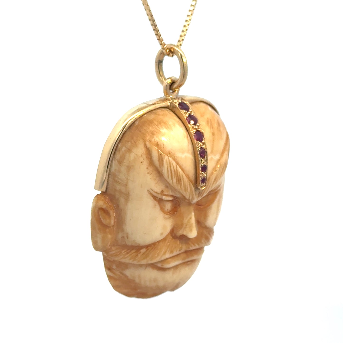 Carved Ivory Warrior Mask Pendant in 14K Gold with Rubies
