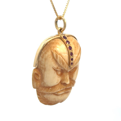 Carved Ivory Warrior Mask Pendant in 14K Gold with Rubies