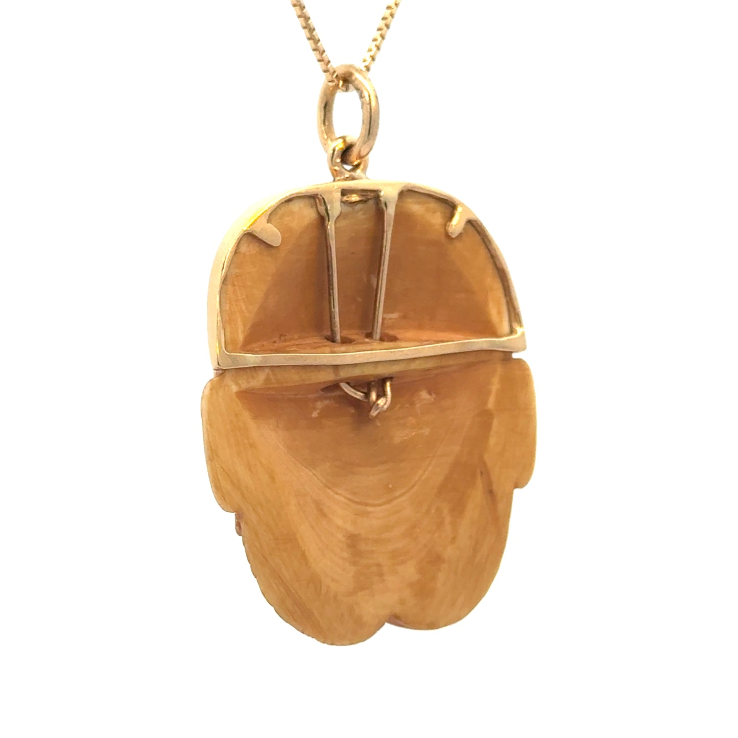 Carved Ivory Warrior Mask Pendant in 14K Gold with Rubies