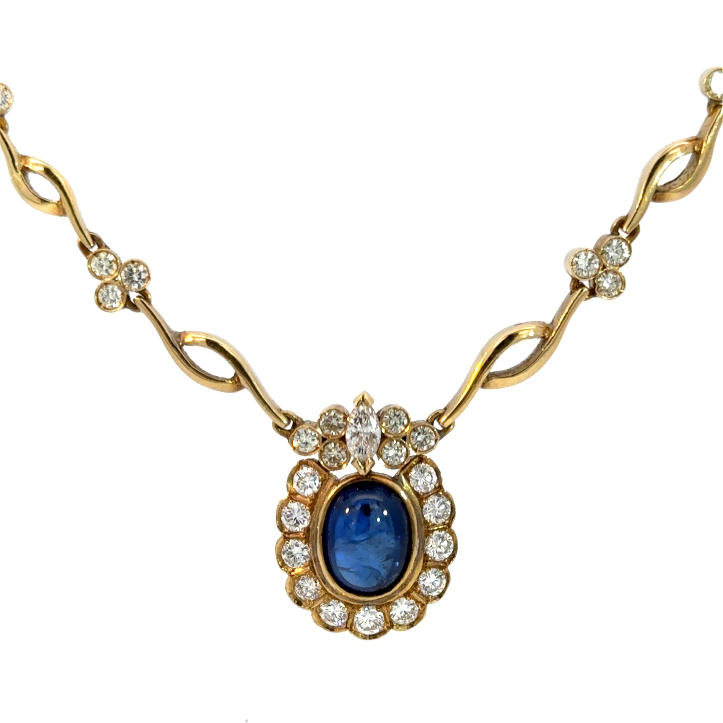 Vintage 18K Gold Sapphire and Diamond Halo Necklace – Estate Blue Sapphire Pendant