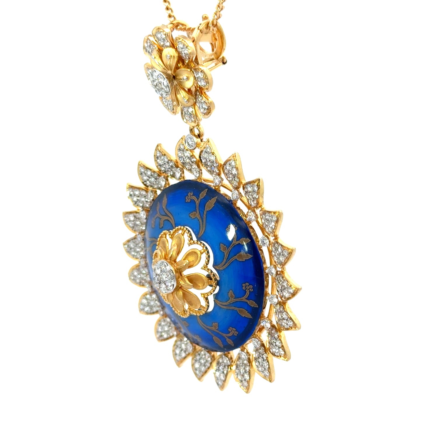 14K Yellow Gold Diamond & Blue Enamel Floral Jewelry Set