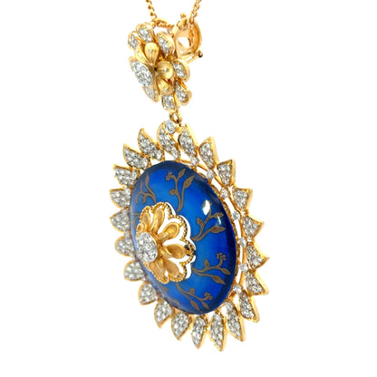 Luxury 14K Yellow Gold Diamond & Blue Enamel Statement Pendant