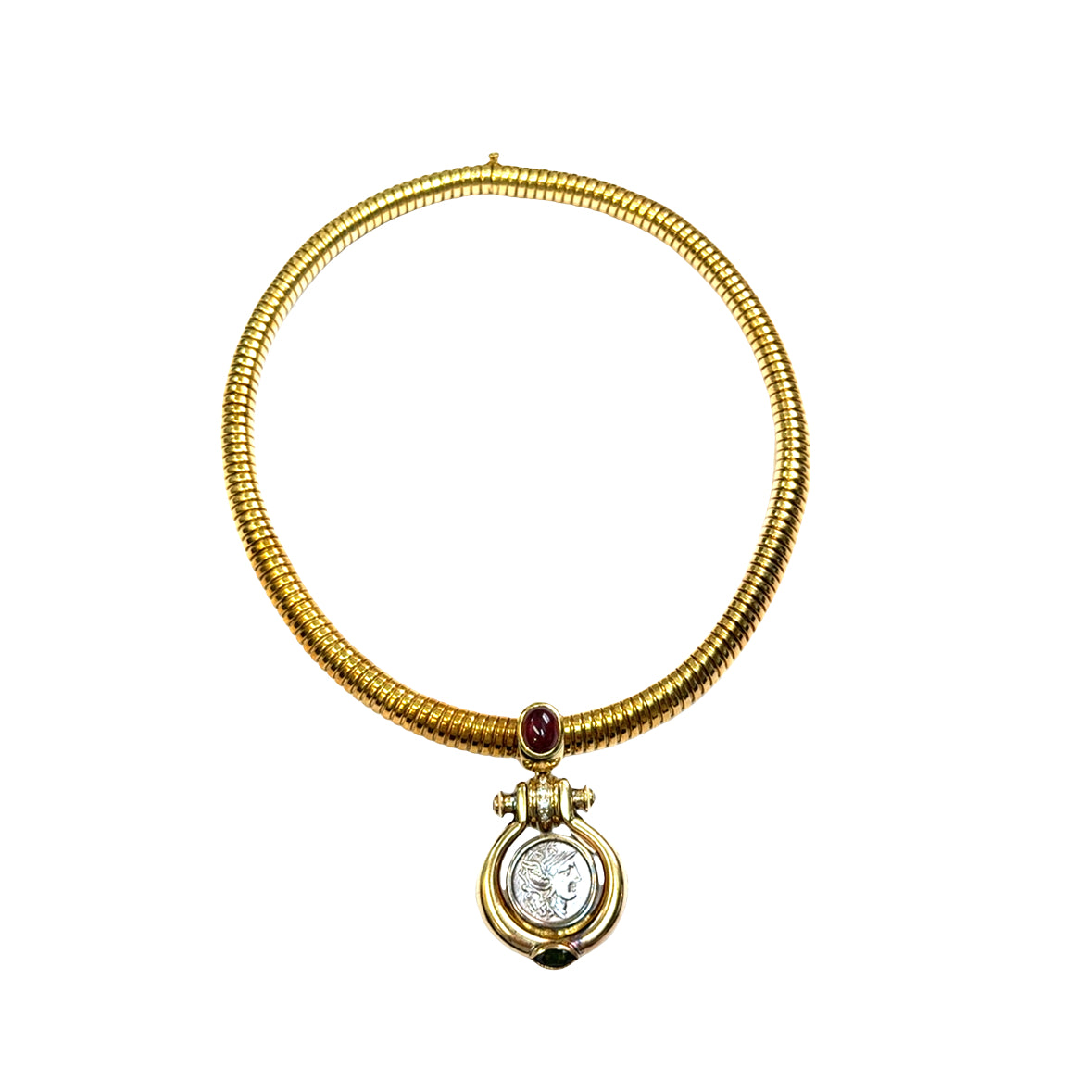 18K Yellow Gold Ancient Coin Necklace with Rubies & Sapphire Accents