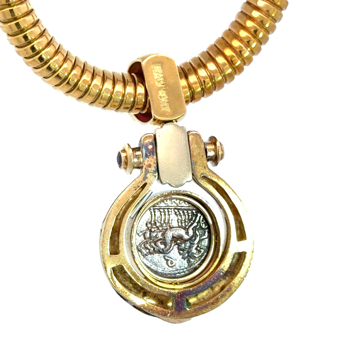 18K Yellow Gold Ancient Coin Necklace with Rubies & Sapphire Accents