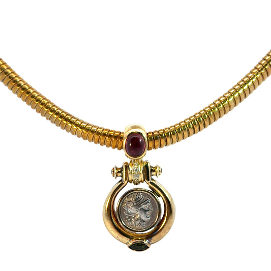 18K Yellow Gold Ancient Coin Necklace with Rubies & Sapphire Accents