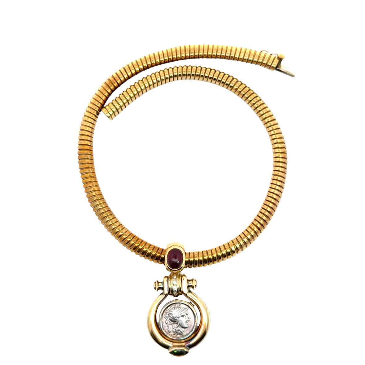 18K Yellow Gold Ancient Coin Necklace with Rubies & Sapphire Accents