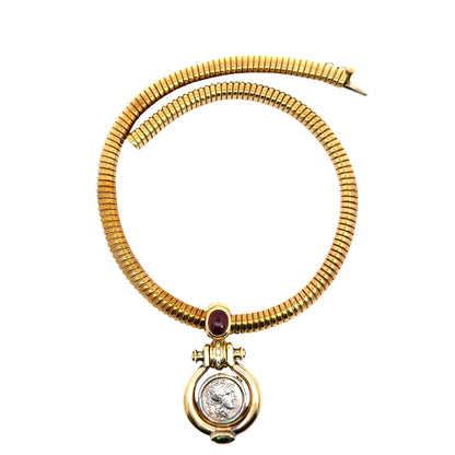 18K Yellow Gold Ancient Coin Necklace with Rubies & Sapphire Accents