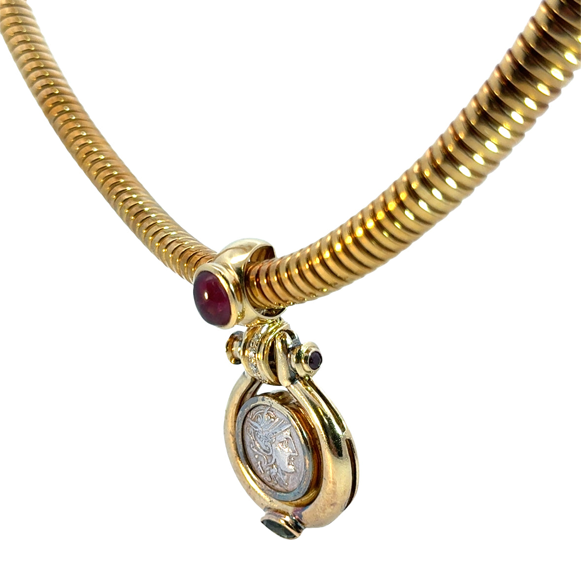 18K Yellow Gold Ancient Coin Necklace with Rubies & Sapphire Accents