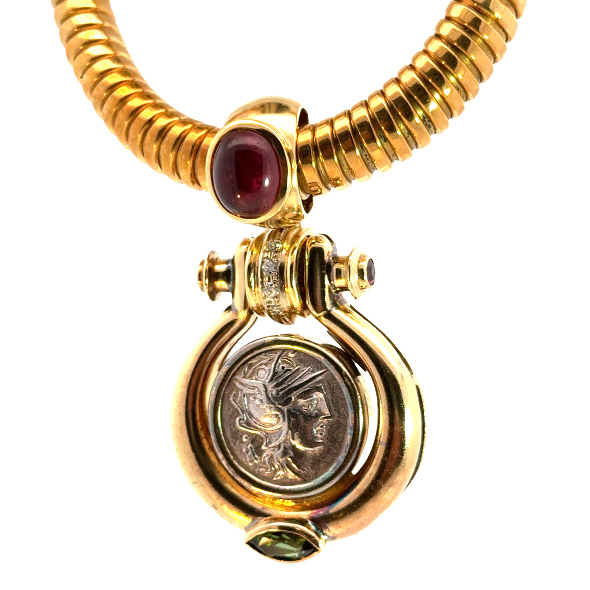 18K Yellow Gold Ancient Coin Necklace with Rubies & Sapphire Accents