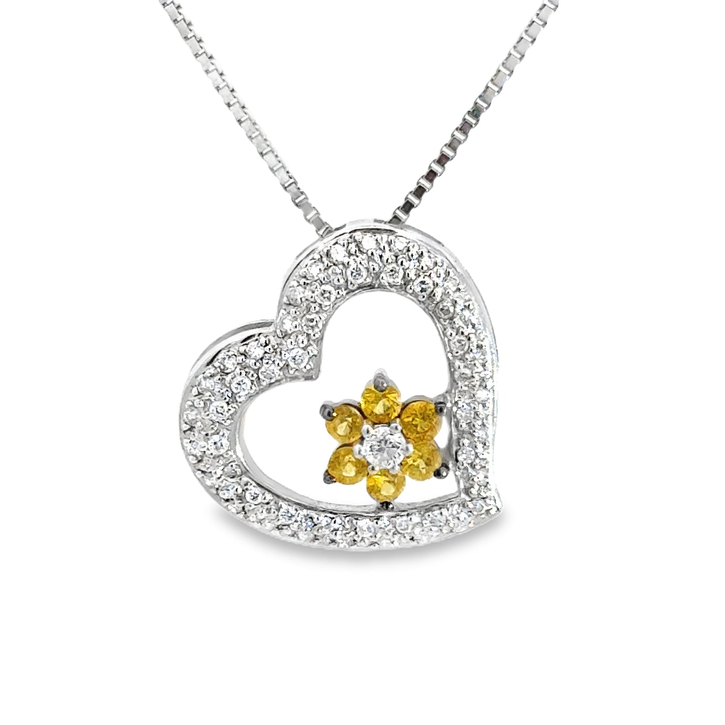 Sweet 18K White Gold & Diamond Heart & Flower Pendant